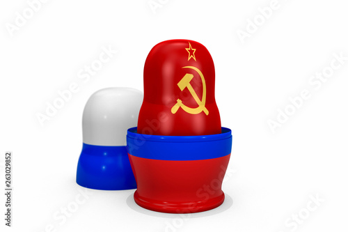 3d illustration: matryoshka with the flag of the USSR in an open nesting doll of Russian Federation, isolated on white background. A political concept. Rebranding the country. Policy of Russia. photo