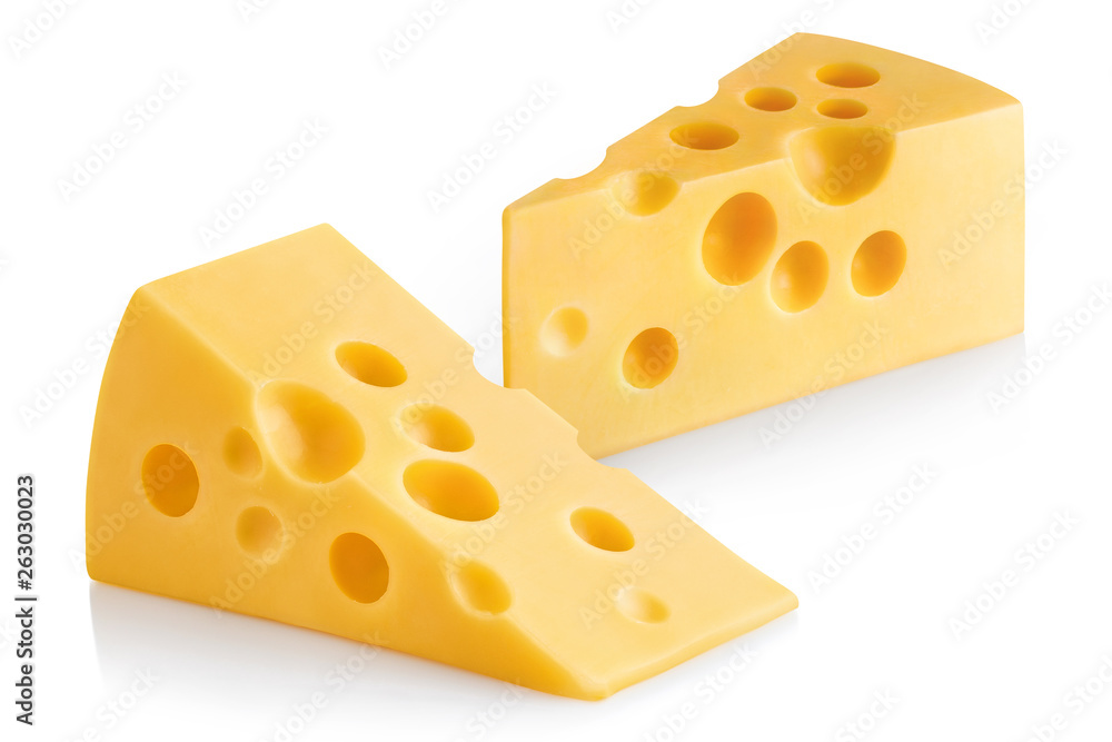 Two delicious pieces of cheese, isolated on white background Two delicious pieces of cheese, isolated on white background