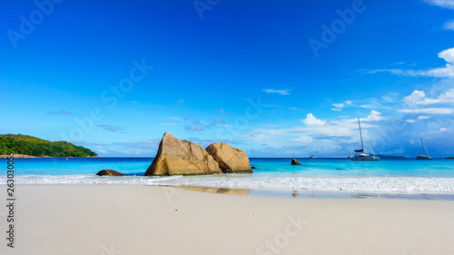 Paradise beach.White sand,turquoise water,palm trees at tropical beach,seychelles 20