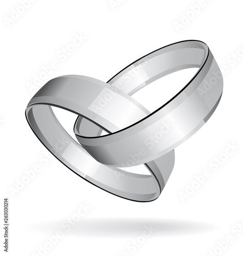 Alliances en or blanc entrelacées. Mariage ou pacs. Symbole union, amour. Illustration vectorielle.