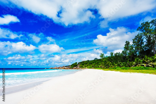 beautiful paradise beach on the seychelles, petite anse, la digue