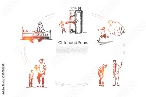 Childhood fears - children afraid of ghosts, doctor, werewolf and belt punishment vector concept set