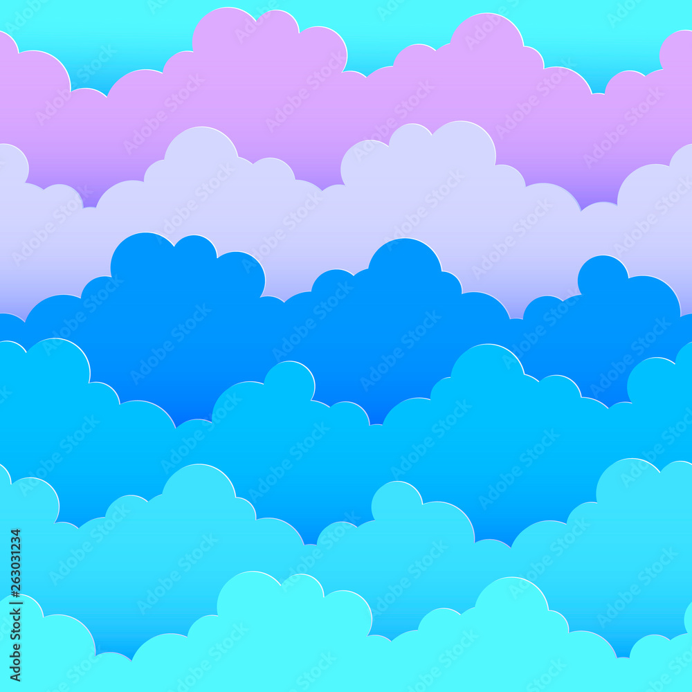 abstract background with clouds. Seamless pattern of Cumulus clouds. Light blue and pink clouds in the sky. Vector illustration.