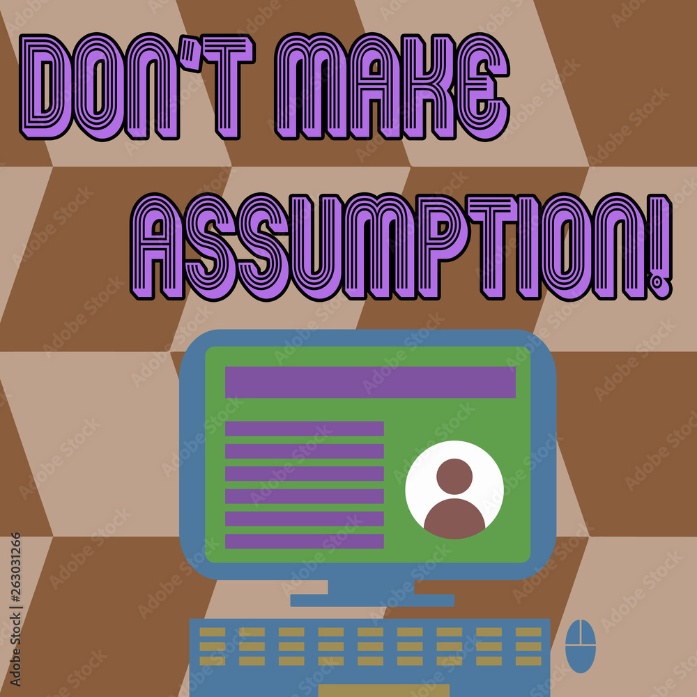 Obraz premium Writing note showing Don T Make Assumption. Business concept for something that you assume to be case even without proof Computer Mounted on Stand with Online Profile Data on Screen