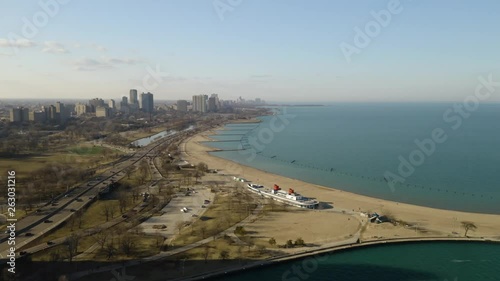 Pan/Track In on North Avenue Beach in Chicago, Illinois [4k] [Aerial]