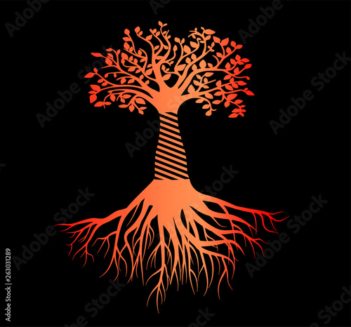 Sketch of tattoo tree of life - red gradient. Tree with roots. Flat icon neon...