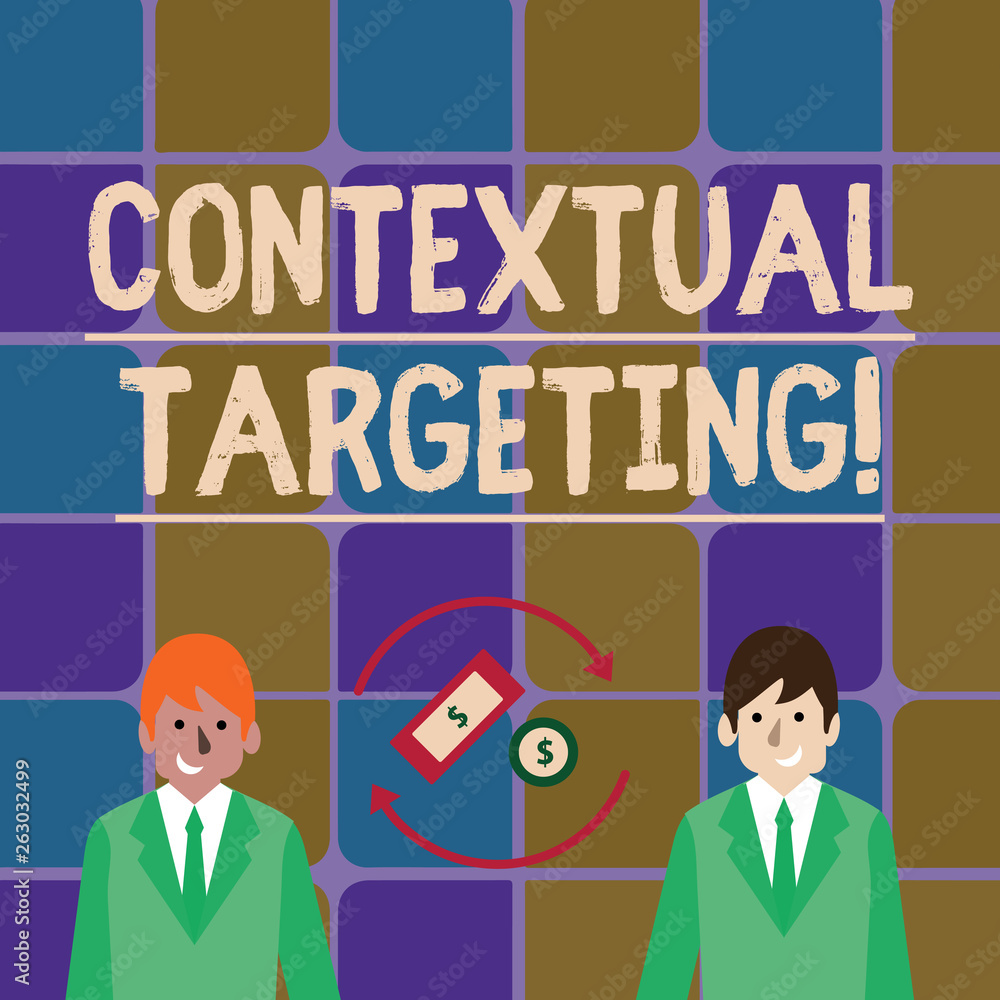 Handwriting text writing Contextual Targeting. Conceptual photo targeted advertising for ads appearing on websites Money in Dollar Currency Sign Inside Rotating Arrows Between Two Businessmen Handwriting text writing Contextual Targeting. Conceptual photo targeted advertising for ads appearing on websites Money in Dollar Currency Sign Inside Rotating Arrows Between Two Businessmen