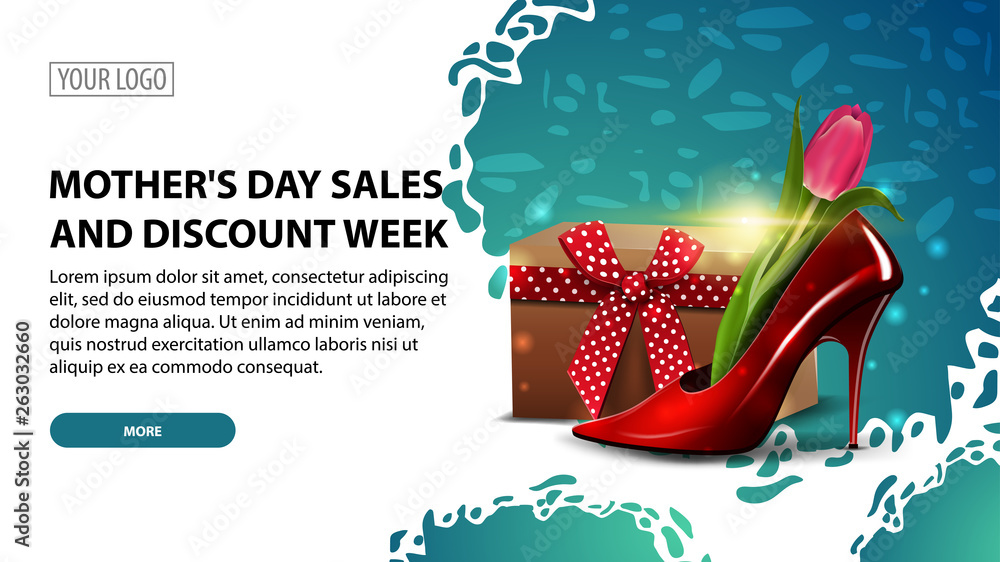 Mother's day sales and discount week, modern horizontal discount banner with a modern texture and women's Shoe with tulips inside