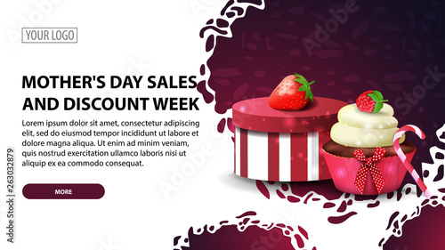 Mother's day sales and discount week, modern horizontal discount banner with a modern texture, gift, strawberry and cupcake