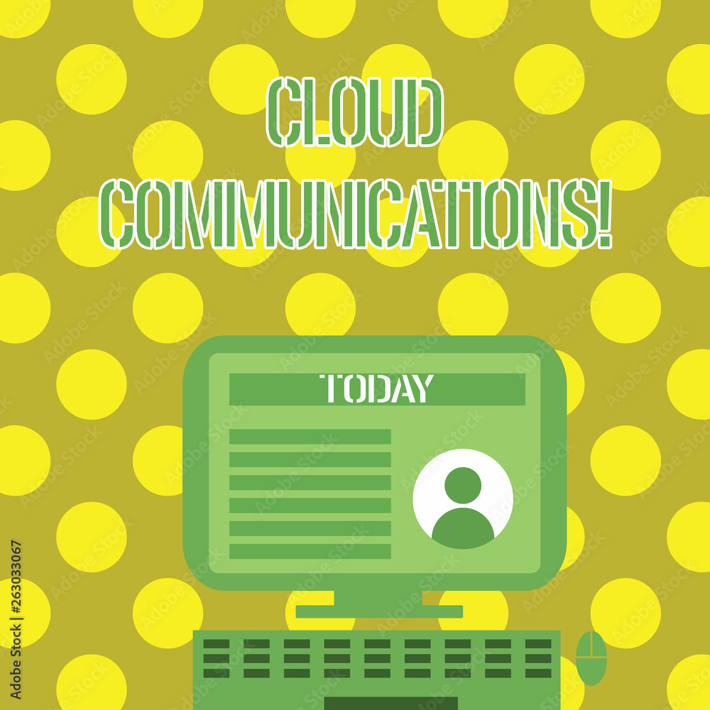 Fototapeta premium Word writing text Cloud Communications. Business photo showcasing the internetbased voice and data communications Desktop Computer Mounted on Stand with Online Profile Data on Monitor Screen