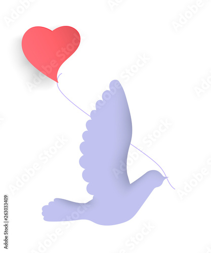heart with wings. Dove and heart.  Origami Happy Valentine's day greeting card. Flying bird of love in the style of a paper cut. red heart as a balloon