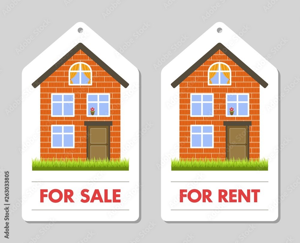 Real estate tag. For sale and for rent. Orange brick house on the grass. A  brown door and windows with yellow curtains and a red flower. Vector clip  art. Stock Vector |