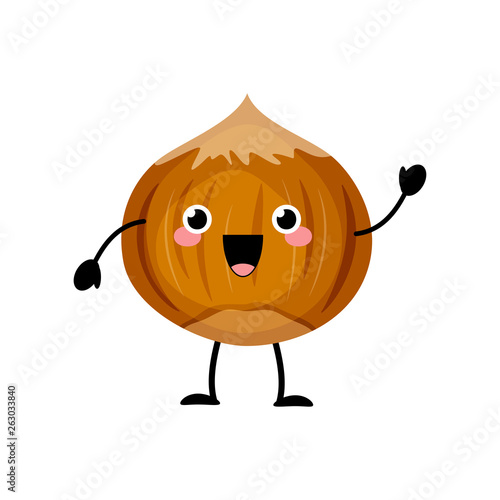Cute cartoon hazelnut character vector illustration isolated on white background.
