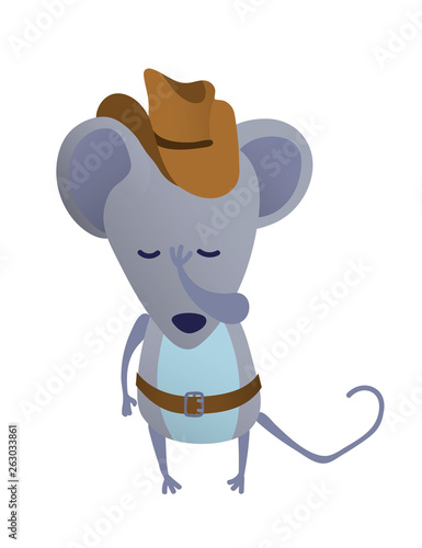 cartoon of mouse. A gray mouse in a cowboy hat. Sheriff's suit. Vector illustration
