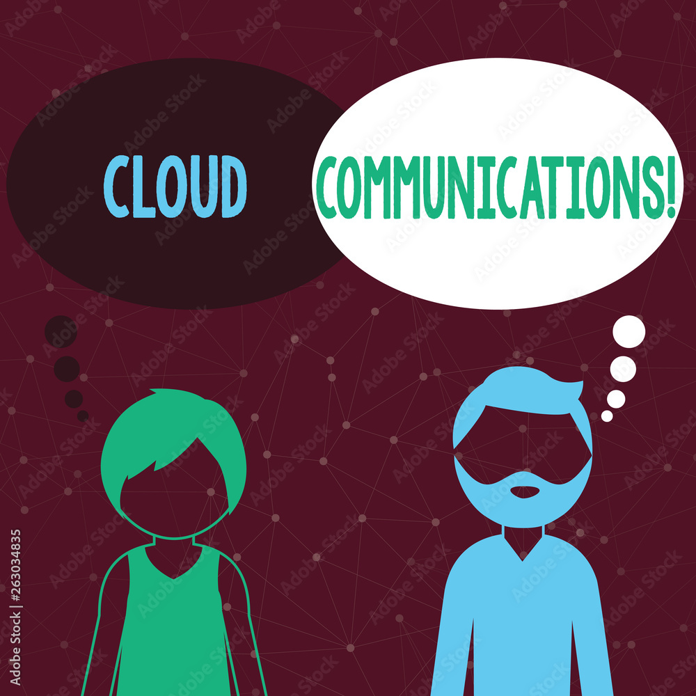 Handwriting text writing Cloud Communications. Conceptual photo the internetbased voice and data communications Bearded Man and Woman Faceless Profile with Blank Colorful Thought Bubble Handwriting text writing Cloud Communications. Conceptual photo the internetbased voice and data communications Bearded Man and Woman Faceless Profile with Blank Colorful Thought Bubble