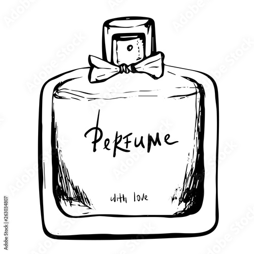 Perfume bottle spray. Vector black illustrations on white backgrounds. Hand drawn for poster, label, banner, web