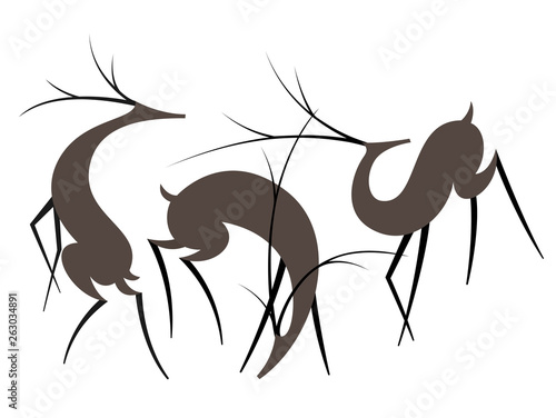 Set of three simple deer shapes in flat style. Symbol, decorative animal element. Isolated on white background. Eps10 vector illustration.