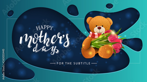 Happy mother's day, modern blue horizontal greeting postcard for website with a paper cut background and Teddy bear with a bouquet of tulips