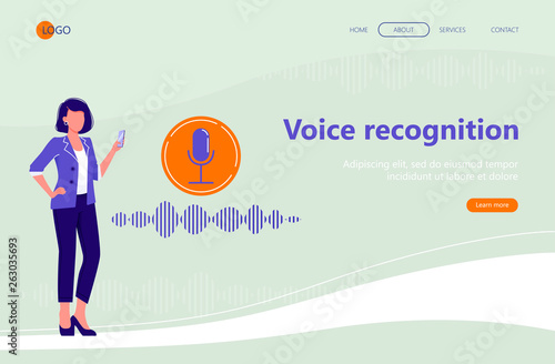 Web landing page template. Microphone button with sound imitation line. Personal assistant and voice recognition. Modern technologies. Flat vector illustration.