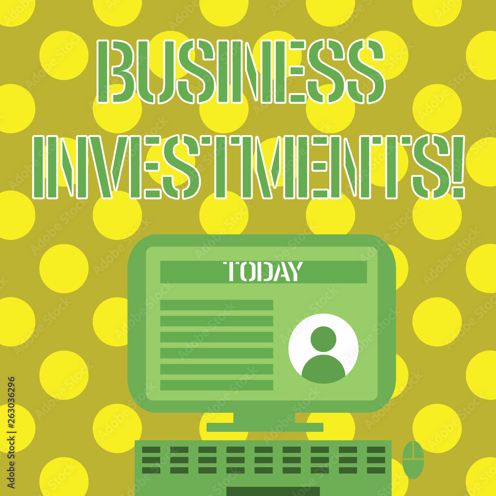 Fototapeta premium Word writing text Business Investments. Business photo showcasing act of committing money or capital to an endeavor Desktop Computer Mounted on Stand with Online Profile Data on Monitor Screen