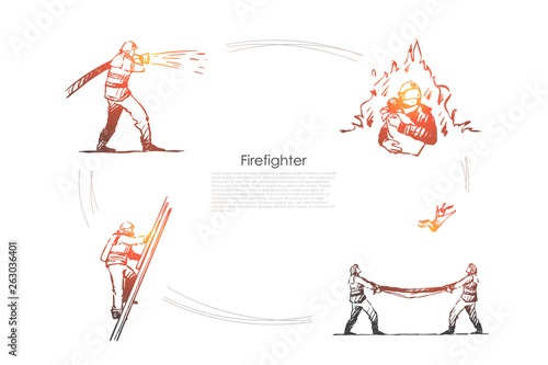 Firefighter - man firefighter extinguishing fire, climbing up ladder, saving people and catching from above vector concept set