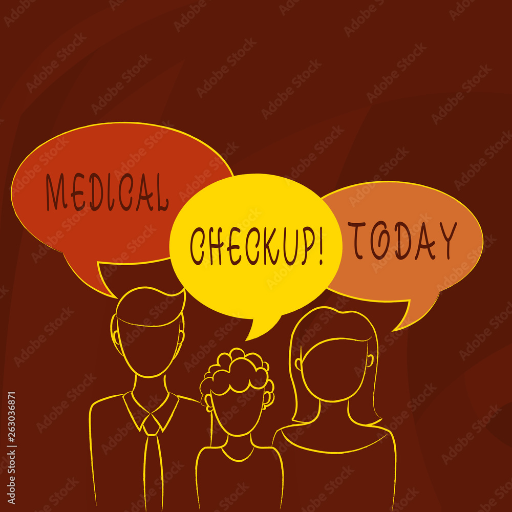 Conceptual hand writing showing Medical Checkup. Concept meaning thorough physical examination includes variety of tests Family of One Child Between Father and Mother Speech Bubble