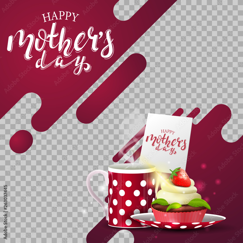 Template mother's day postcard with neon lines and cup of tea with cupcake for your art