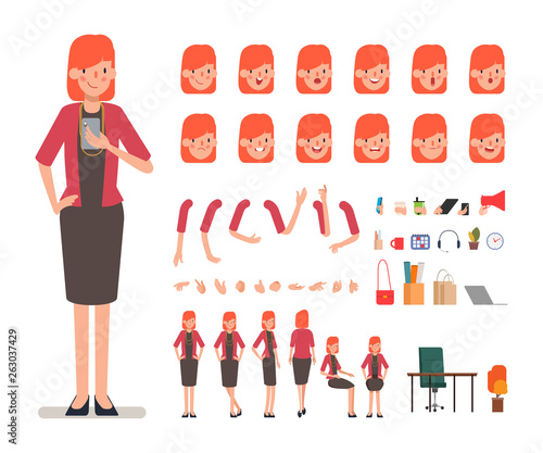 Business woman character creation for animation. Ready for animated face emotion and mouth. Office tutorial.