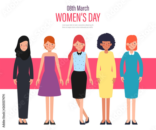 Women's day international Landing Page Template. Young Women People Character.