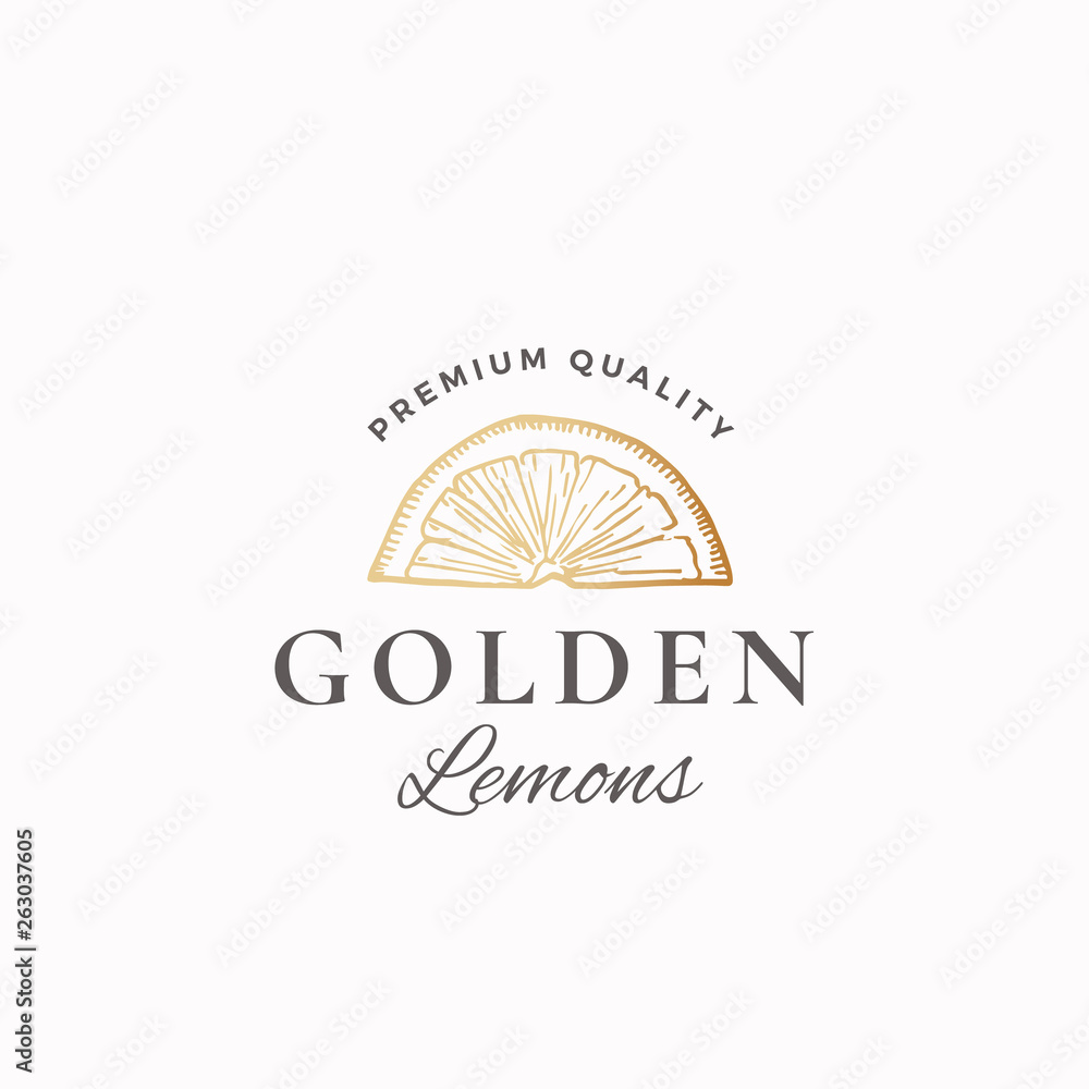 Golden Lemons Abstract Vector Sign, Symbol or Logo Template. Hand Drawn Lemon Slice Sketch Sillhouette with Retro Typography. Vintage Luxury Emblem. Golden Lemons Abstract Vector Sign, Symbol or Logo Template. Hand Drawn Lemon Slice Sketch Sillhouette with Retro Typography. Vintage Luxury Emblem.