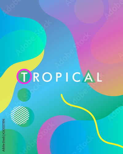 Unique artistic card - tropical with bright gradient background,shapes and geometric elements in memphis style.Bright summer poster perfect for prints,flyers,banners,invitations and more.