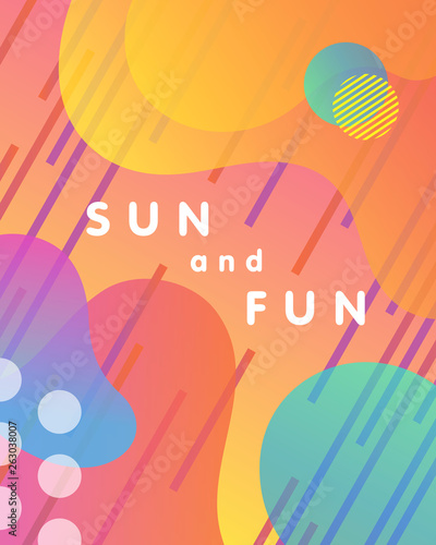 Unique artistic design card - sun and fun with gradient background,shapes and geometric elements in memphis style.Bright poster perfect for prints,flyers,banners,invitations,special offer and more.