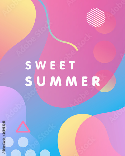 Unique artistic card - sweet summer with bright gradient background,shapes and geometric elements in memphis style.Bright poster perfect for prints,flyers,banners,invitations,special offer and more.