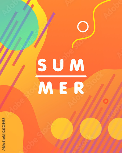 Unique artistic design card - summer with bright gradient background,shapes and geometric elements in memphis style.Bright poster perfect for prints,flyers,banners,invitations,special offer and more.