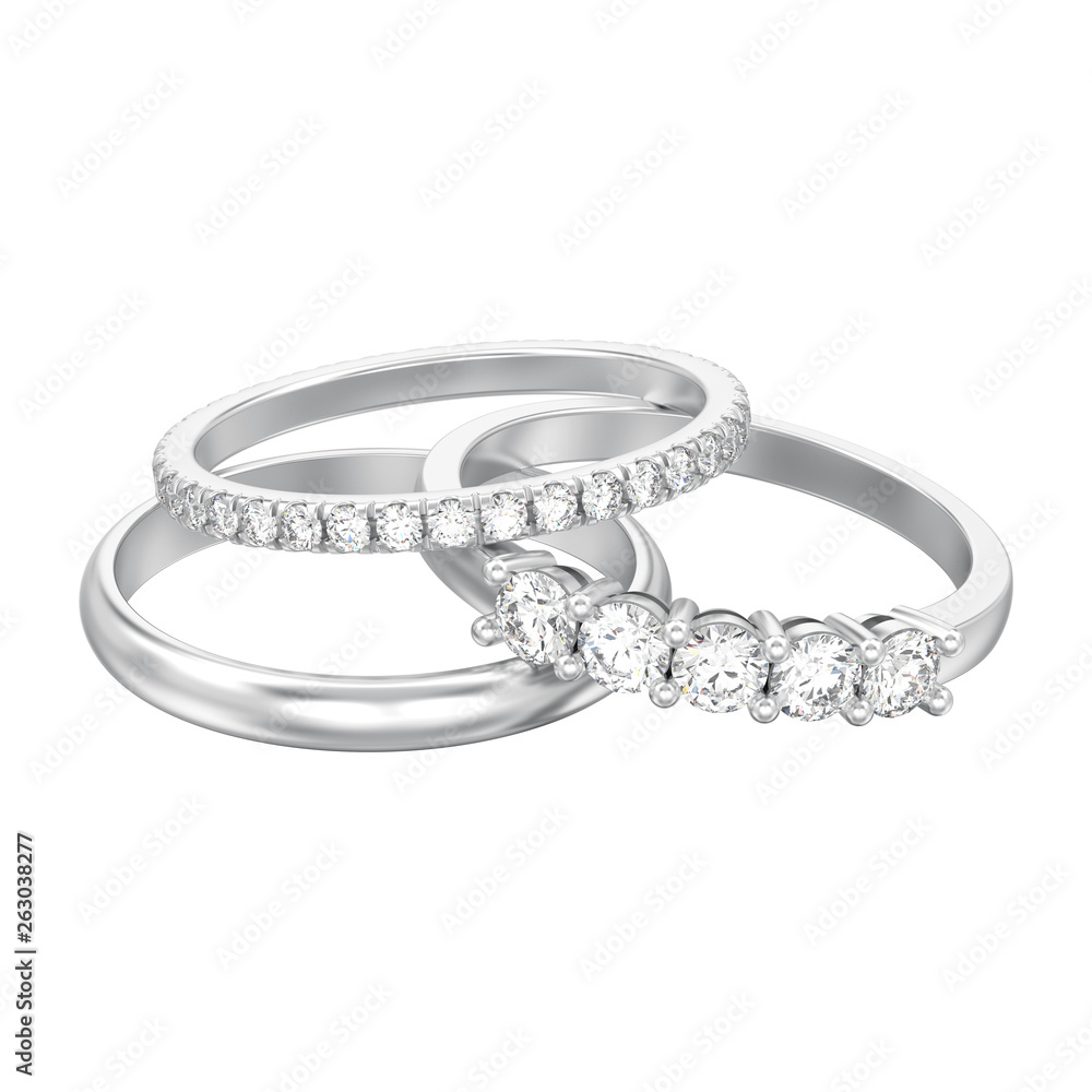 3D illustration isolated jewelry three different white gold or silver diamonds rings 3D illustration isolated jewelry three different white gold or silver diamonds rings