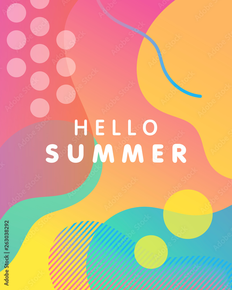 Unique artistic card - hello summer with bright gradient background,shapes and geometric elements in memphis style.Bright poster perfect for prints,flyers,banners,invitations,special offer and more.