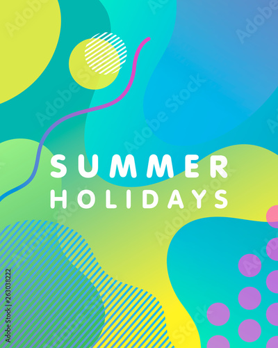 Unique artistic card - summer holidays with gradient background,shapes and geometric elements in memphis style.Bright poster perfect for prints,flyers,banners,invitations,special offer and more.