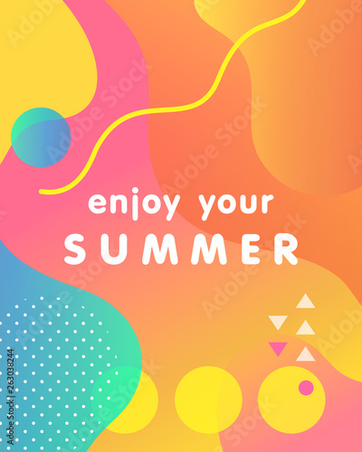 Unique artistic card - enjoy your summer with gradient background,shapes and geometric elements in memphis style.Bright poster perfect for prints,flyers,banners,invitations,special offer and more.