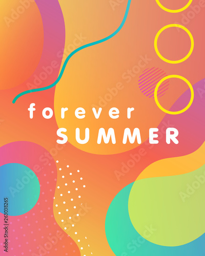 Unique artistic design card - forever summer with gradient background,shapes and geometric elements in memphis style.Bright poster perfect for prints,flyers,banners,invitations,special offer and more.
