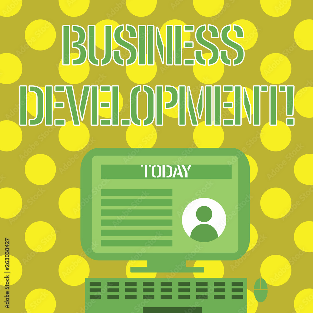 Word writing text Business Development. Business photo showcasing pursuing strategic opportunities for a certain business Desktop Computer Mounted on Stand with Online Profile Data on Monitor Screen Word writing text Business Development. Business photo showcasing pursuing strategic opportunities for a certain business Desktop Computer Mounted on Stand with Online Profile Data on Monitor Screen
