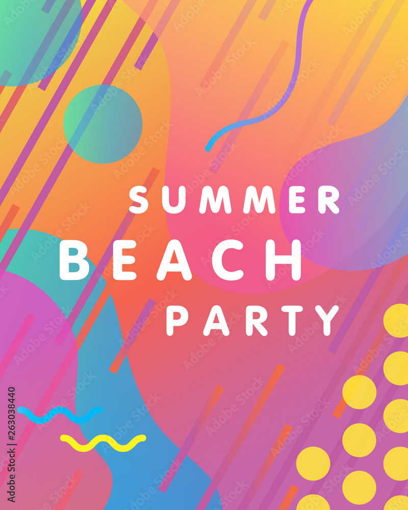 Unique artistic card - summer party with bright gradient background,shapes and geometric elements in memphis style.Bright poster perfect for prints,flyers,banners,invitations,special offer and more.