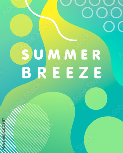Unique artistic design card - summer breeze with gradient background,shapes and geometric elements in memphis style.Bright poster perfect for prints,flyers,banners,invitations,special offer and more.