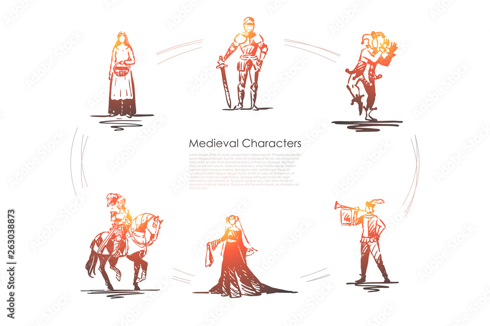 Medieval characters - knight, troubadour, buffon, peasant woman and countess vector concept set - obrazy, fototapety, plakaty 