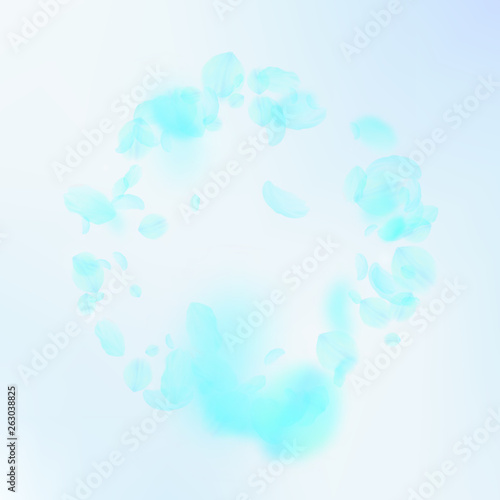 Turquoise flower petals falling down. Precious rom