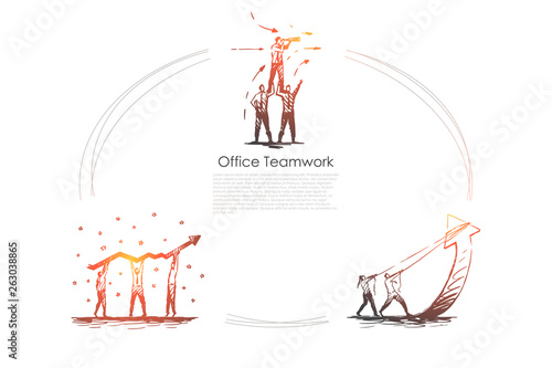 Office teamwork - business people in teams looking ahead, holding and carrying marketing indicators vector concept set