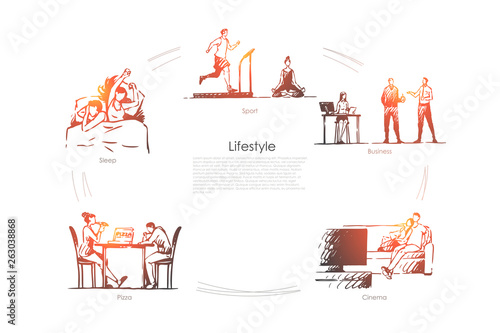 Lifestyle - sleep, sport, business, cinema, pizza vector concept set