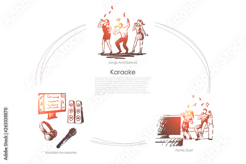 Karaoke - songs and dances, family duet, karaoke accessories vector concept set