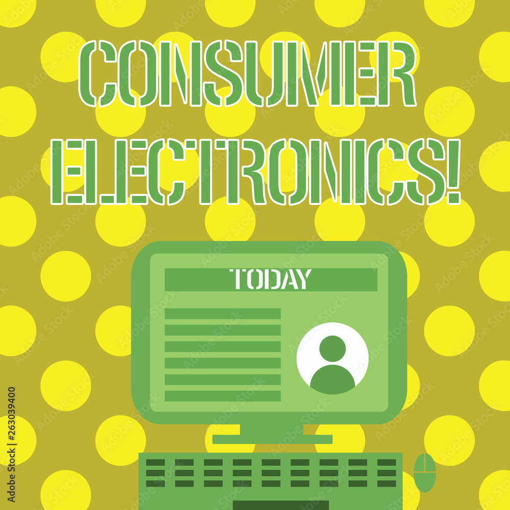 Obraz premium Word writing text Consumer Electronics. Business photo showcasing consumers for daily and noncommercial purposes Desktop Computer Mounted on Stand with Online Profile Data on Monitor Screen