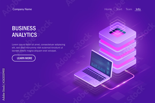 Business analytics concept. Cloud computing. Big data center. Data exchange between laptop and server. Modern hi tech vector illustration isometric style.
