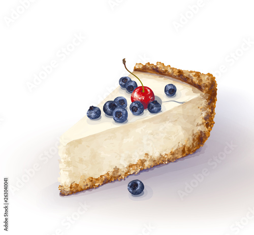 Vector piece of cheesecake cake with airy and tender, delicate creamy-curd cheese. Crisp and crumble cake with back, appetizing, realistic, homemade cakes, with bleaberries and cherry. Tasty-healthy